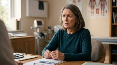 Femme âgée inquiète dans un cabinet médical lumineux