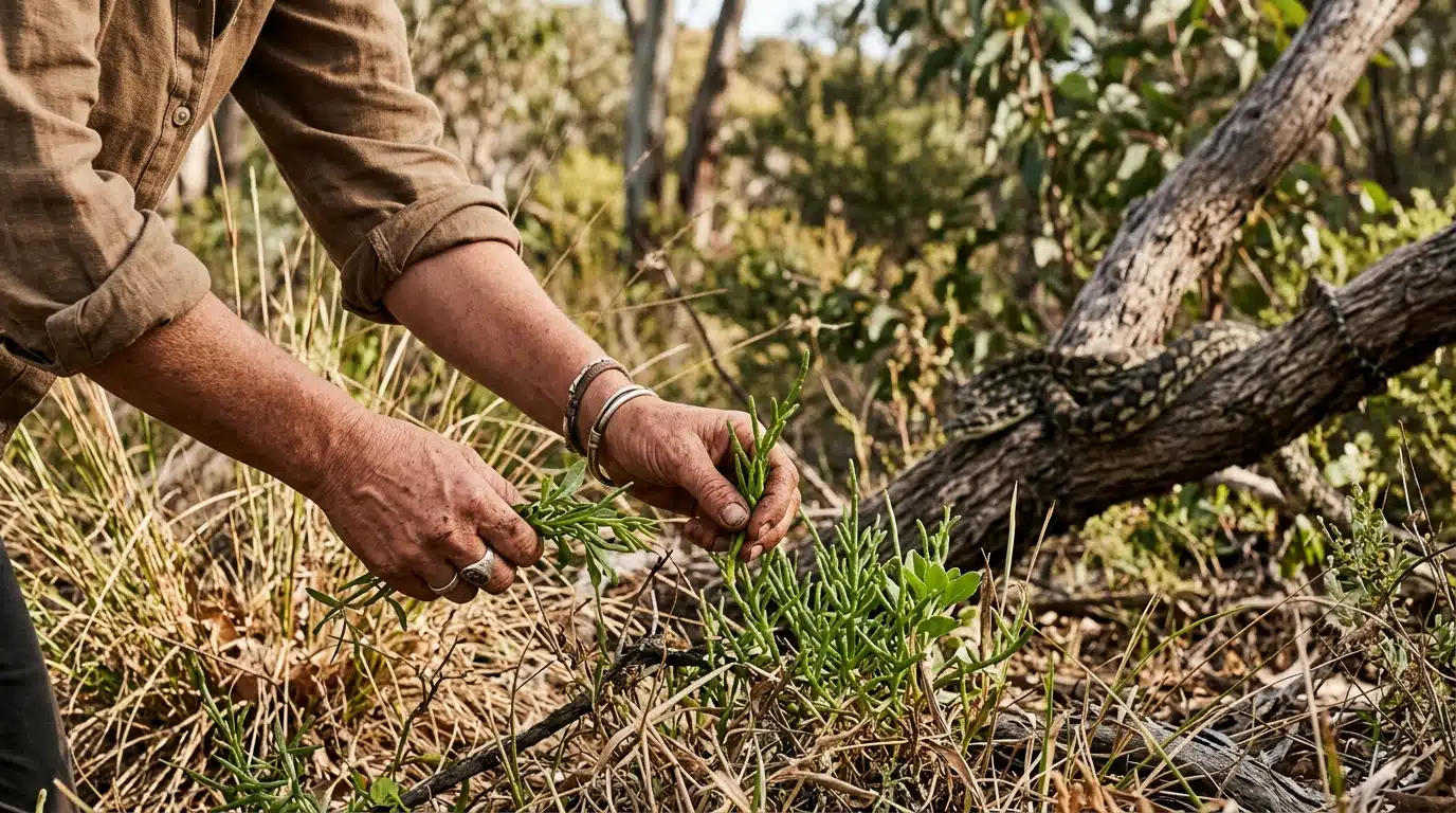 Mains cueillant des plantes sauvages près d'un python