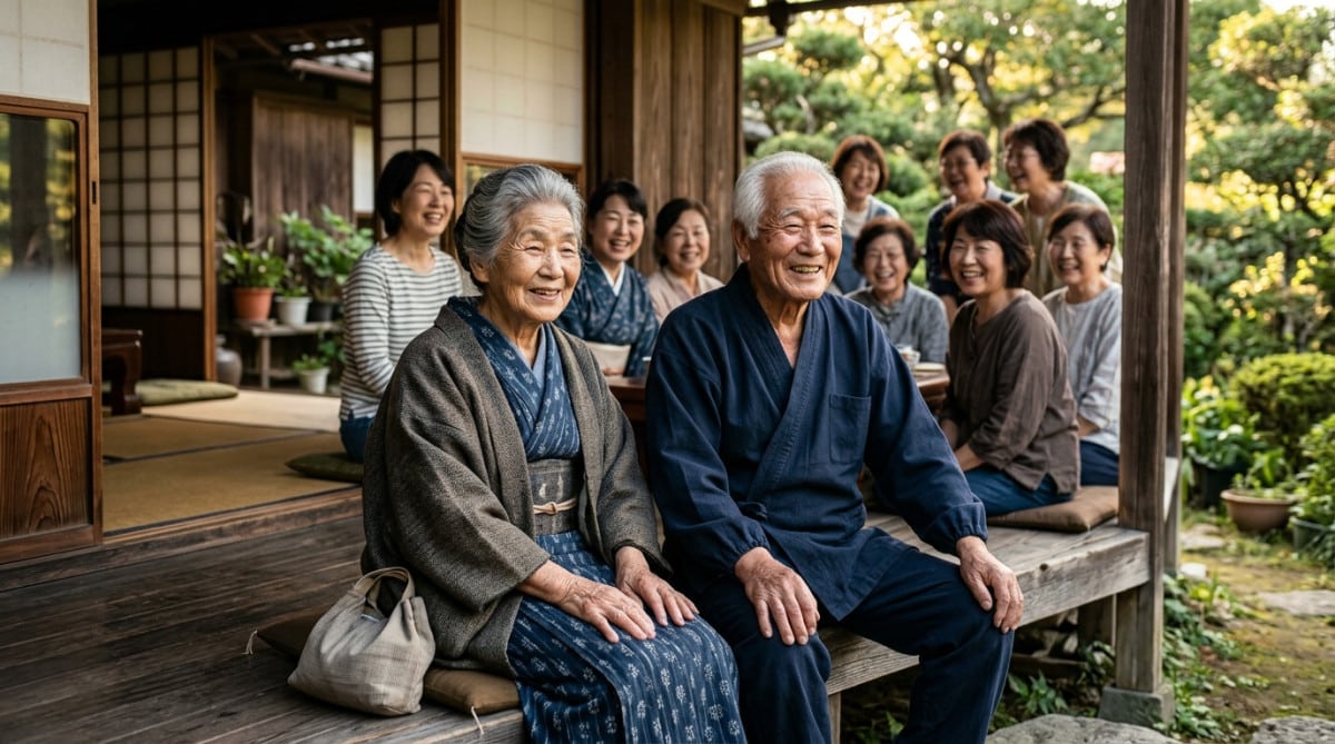 Doyenne et doyen japonais assis sur une véranda