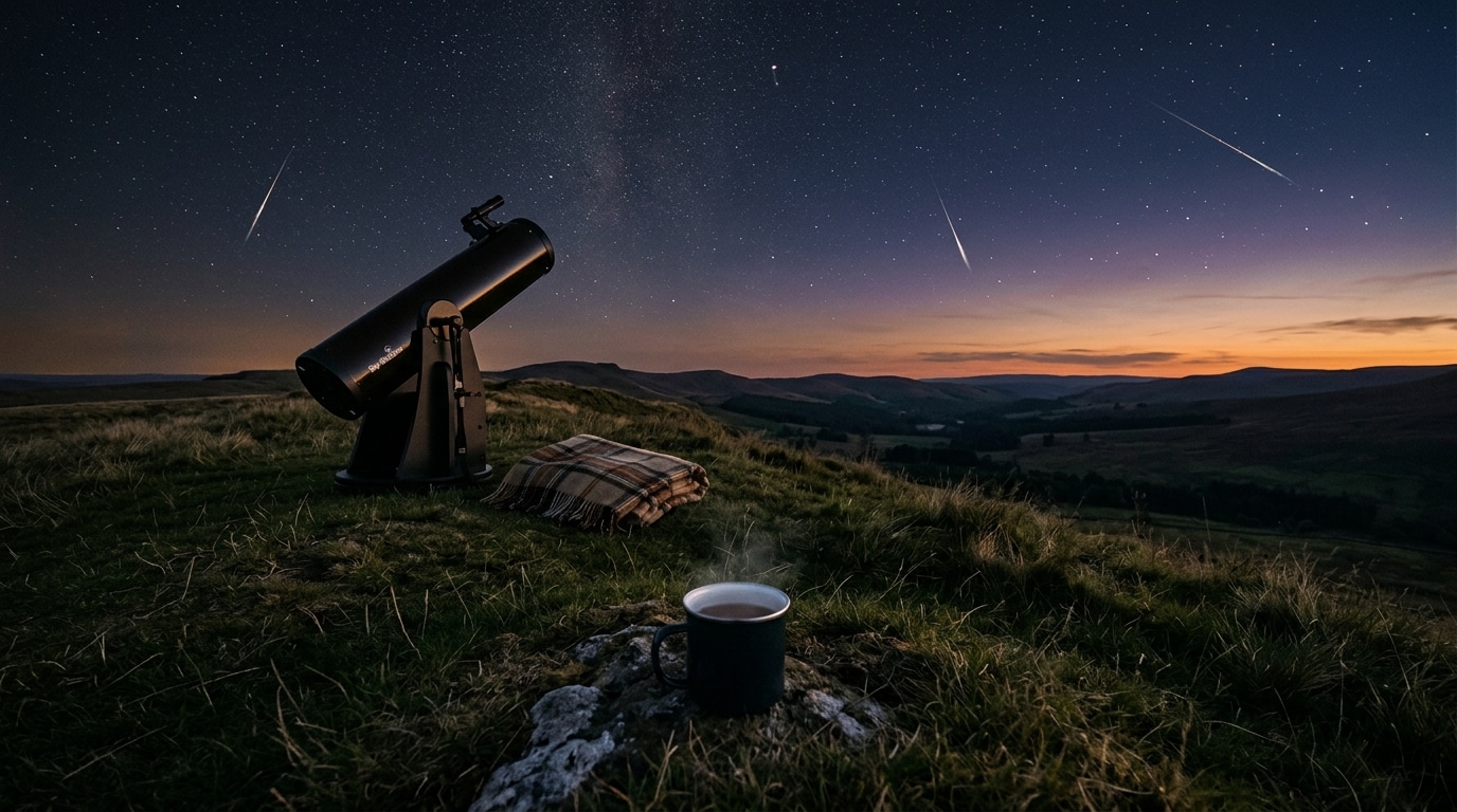 Télescope et couverture sur une colline sous un ciel étoilé
