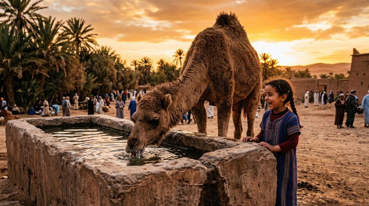 Dromadaire buvant dans un abreuvoir en pleine oasis