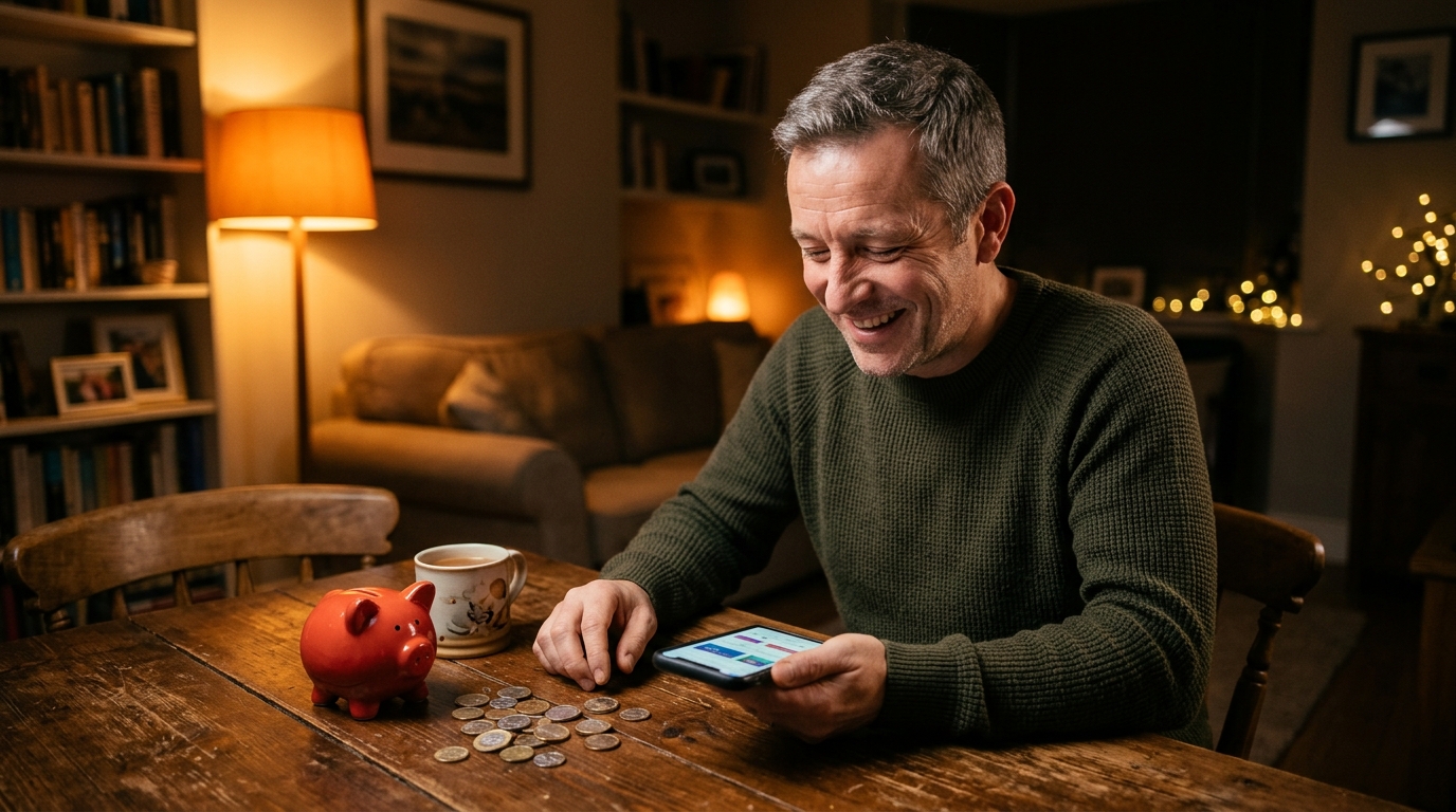 Homme soulagé regardant son téléphone, pièces sur la table