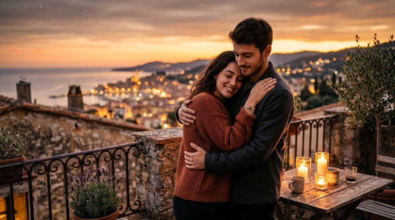 Couple enlacé au coucher du soleil sur un balcon