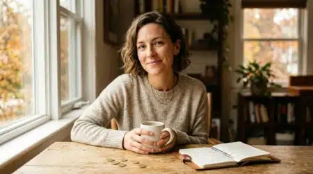 Femme souriante, soulagée, devant un bureau lumineux d'automne