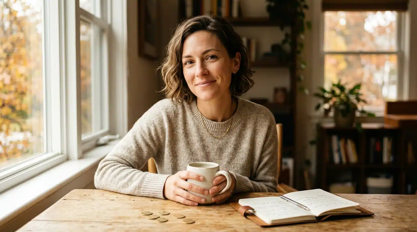 Femme souriante, soulagée, devant un bureau lumineux d'automne