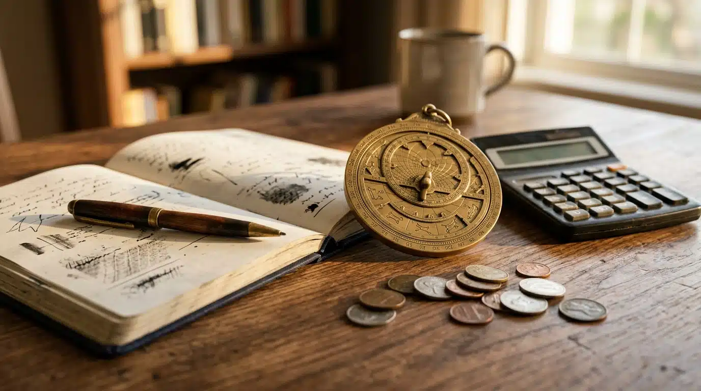 Bureau en bois avec carnet, pièces et astrolabe en laiton