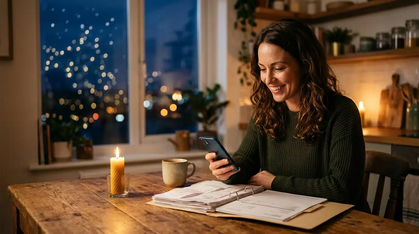 Femme souriante vérifiant un remboursement sur son téléphone