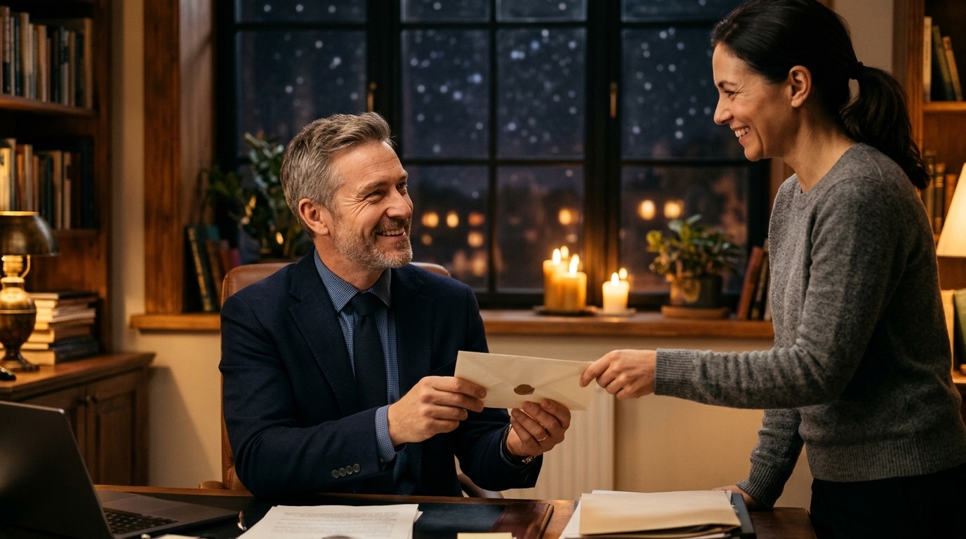 Homme heureux recevant une enveloppe de prime au bureau