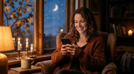 Femme soulagée lisant un message sur son téléphone