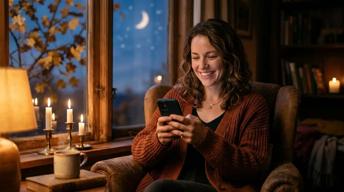 Femme soulagée lisant un message sur son téléphone