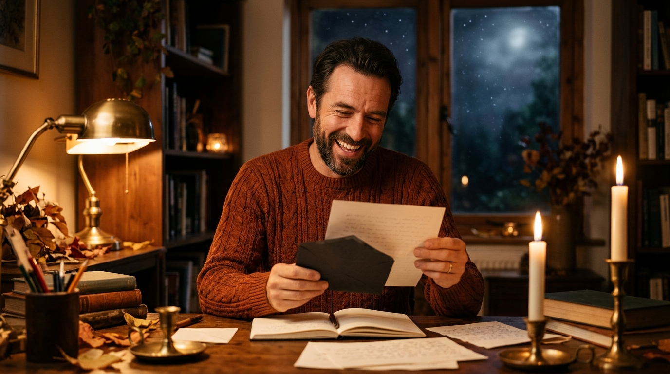 Homme souriant ouvrant une lettre dans une ambiance dorée