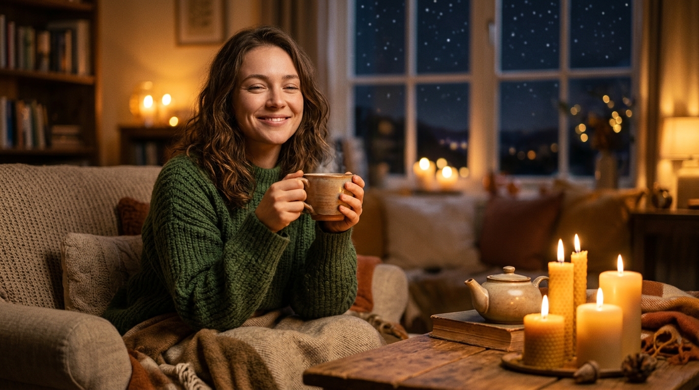 Jeune femme apaisée avec une tasse de thé aux bougies