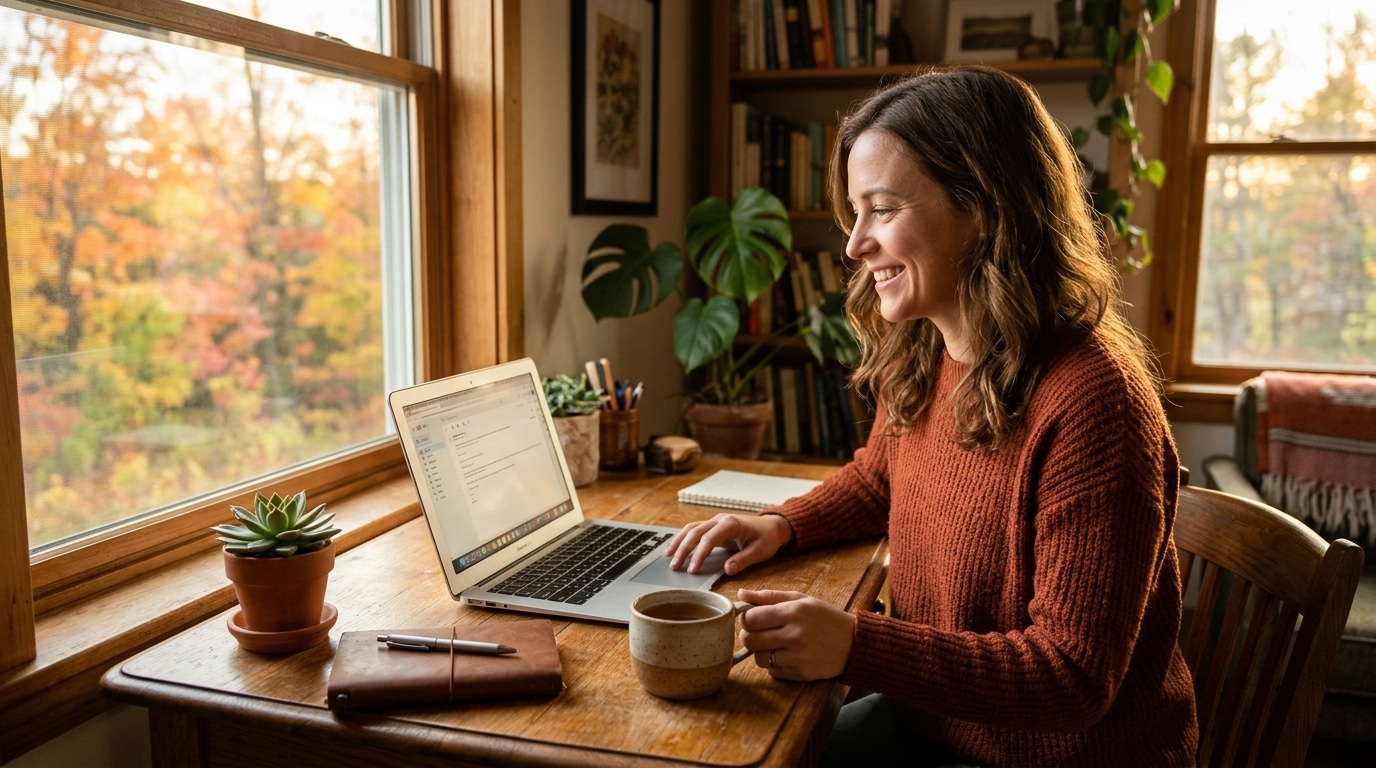 Femme souriante devant son ordinateur à la lumière dorée