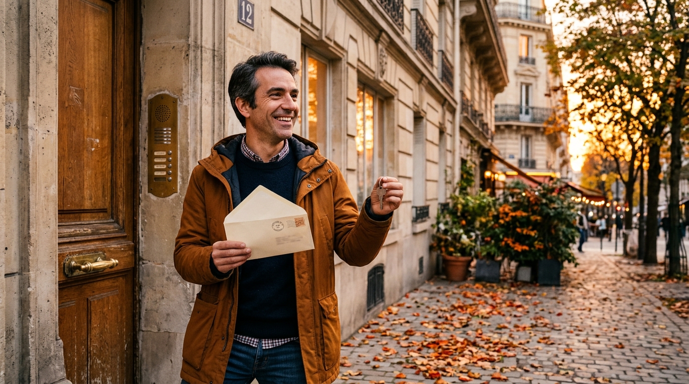 Homme soulagé tenant une clé et une lettre devant un immeuble