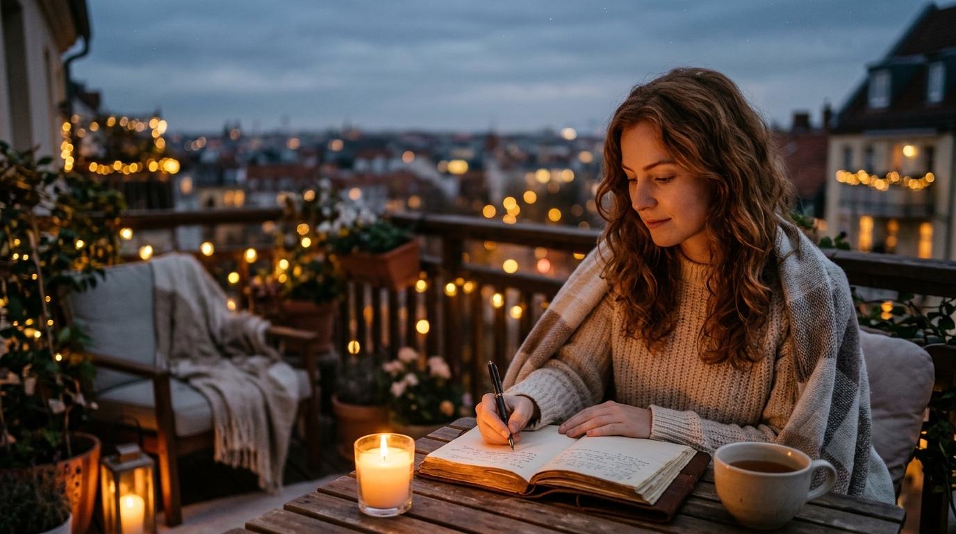 Jeune femme écrivant à la bougie sous un ciel étoilé
