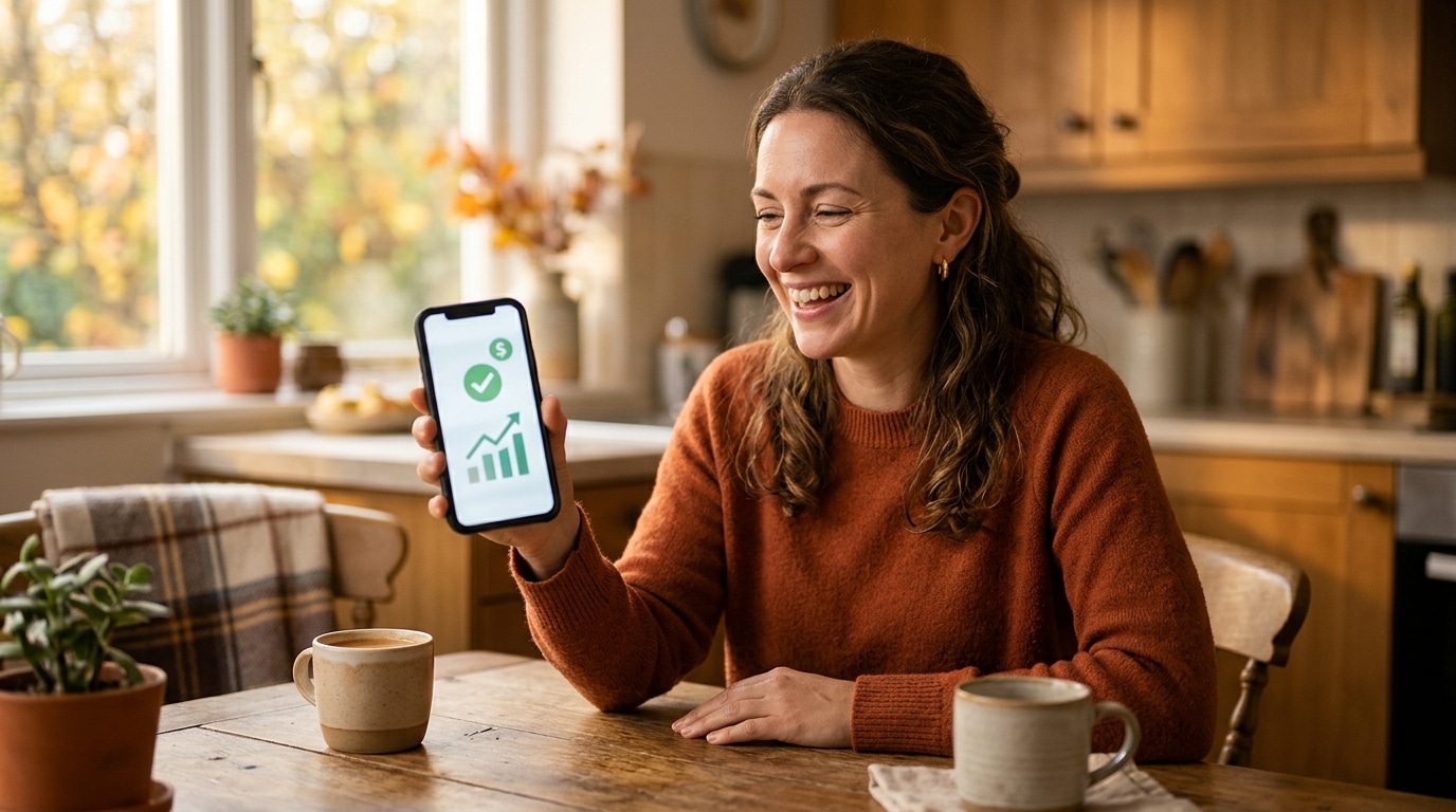 Femme soulagée devant une notification de virement bancaire