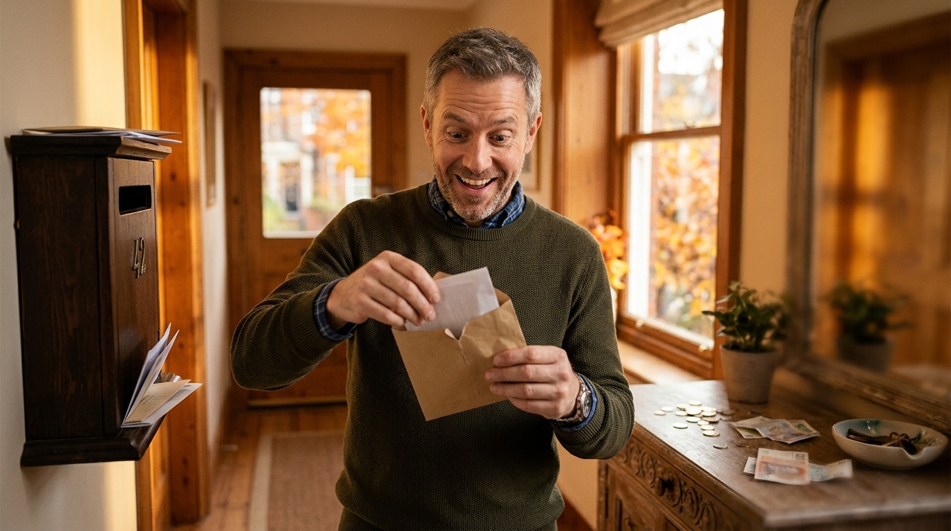 Homme surpris et heureux en ouvrant un courrier