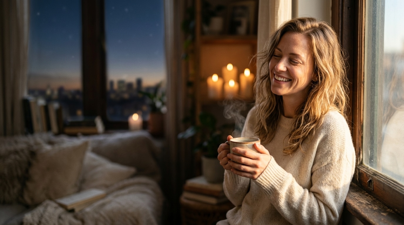 Femme soulagée avec une tasse dans une lumière dorée