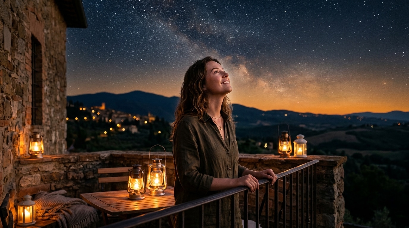 Jeune femme souriante sous un ciel étoilé au crépuscule