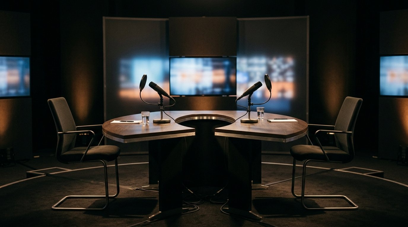 Plateau de débat vide avec deux micros face à face