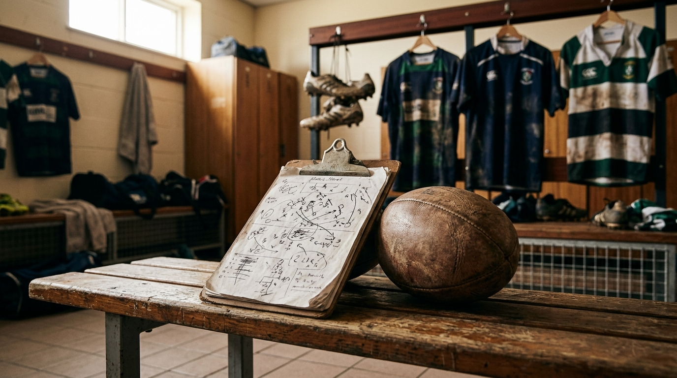 Ballon ovale et feuille de match dans un vestiaire
