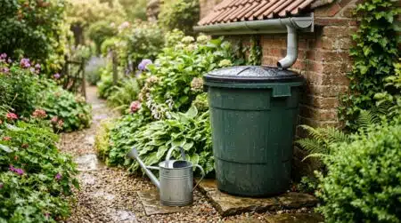Cuve de récupération d'eau de pluie sous une gouttière