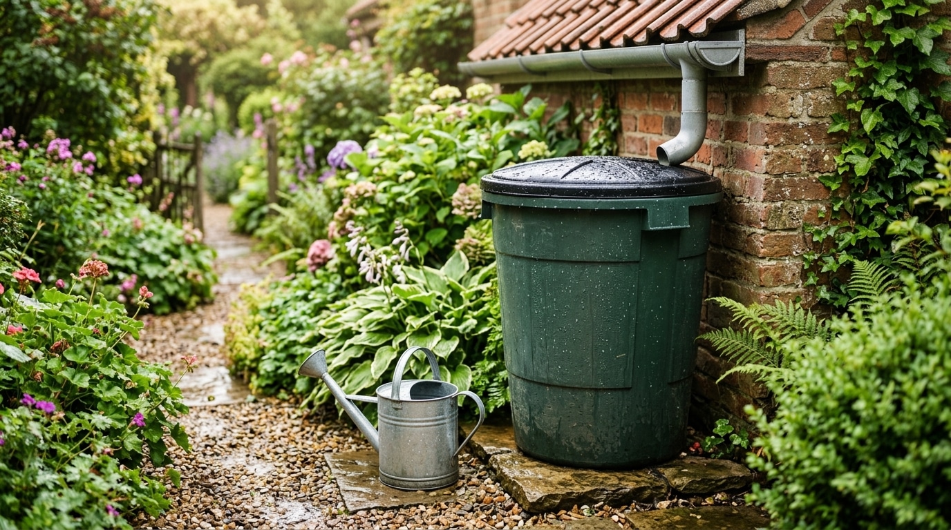 Cuve de récupération d'eau de pluie sous une gouttière