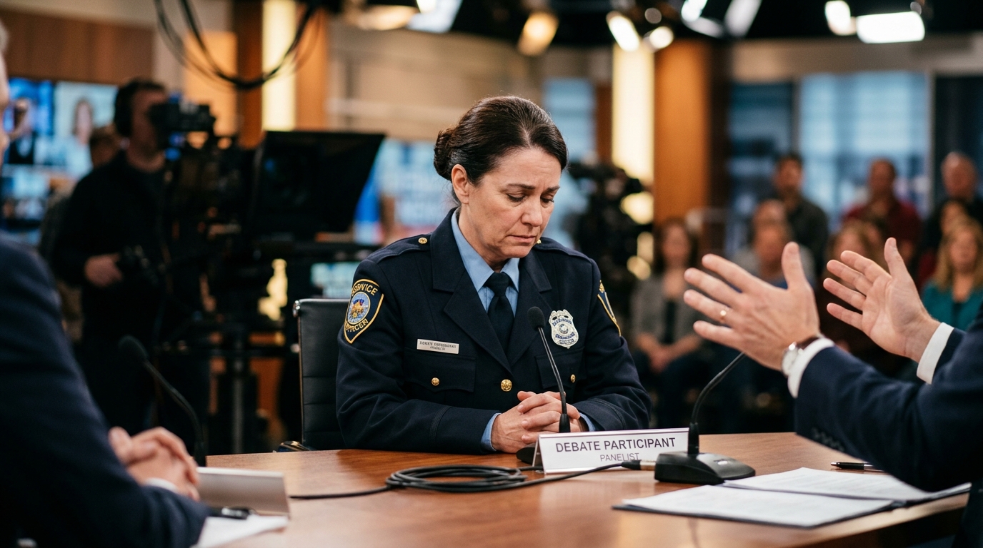 Policière dépassée à une table de débat télévisé