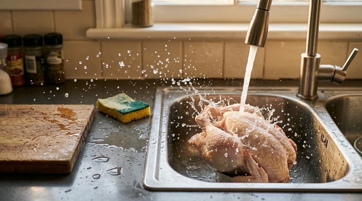 Éclaboussures d'eau sur poulet cru dans un évier