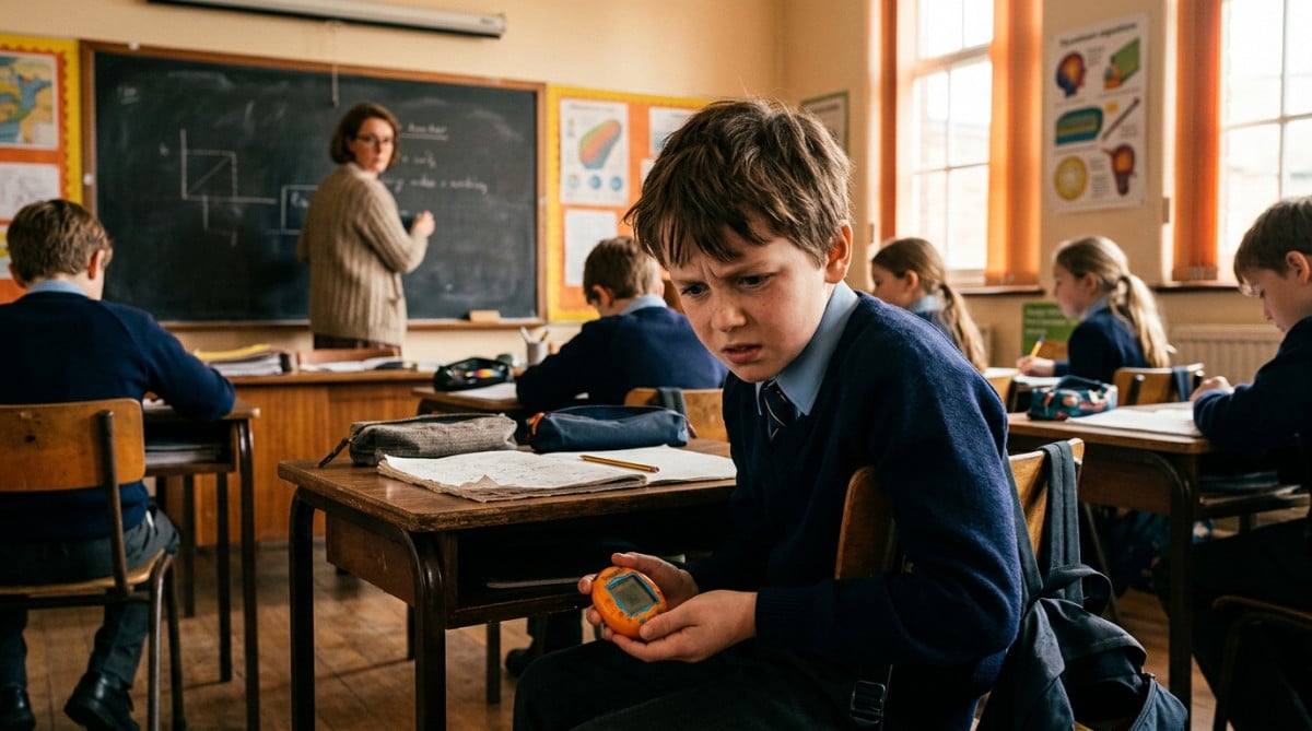 Écolier cachant son animal virtuel sous son pupitre en classe