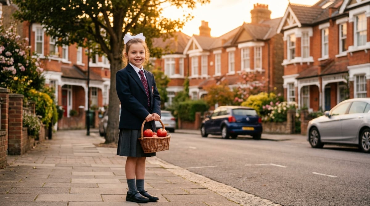 Écolière londonienne avec trois pommes rouges