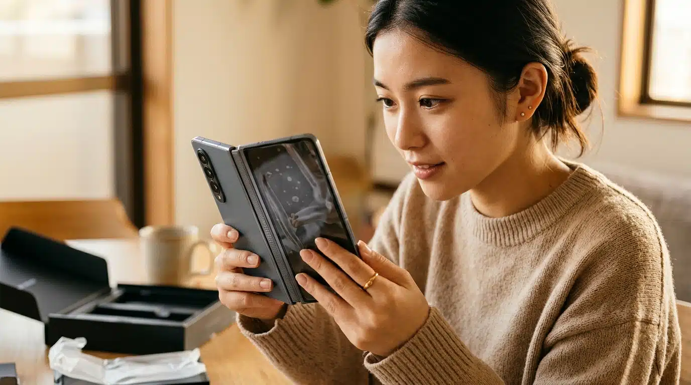 Femme déballant un smartphone pliable neuf avec précaution