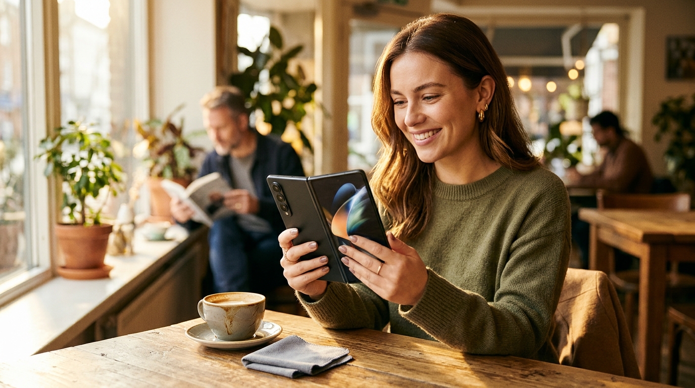 Femme souriante ouvrant doucement son smartphone pliable au café