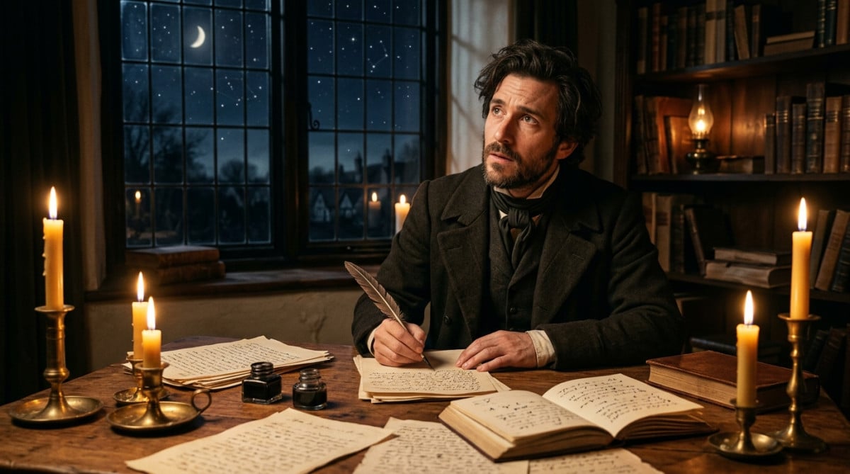 Écrivain du XIXe siècle à son bureau sous les étoiles