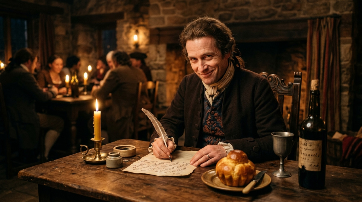 Écrivain du XVIIIe siècle plume en main avec une brioche et du vin