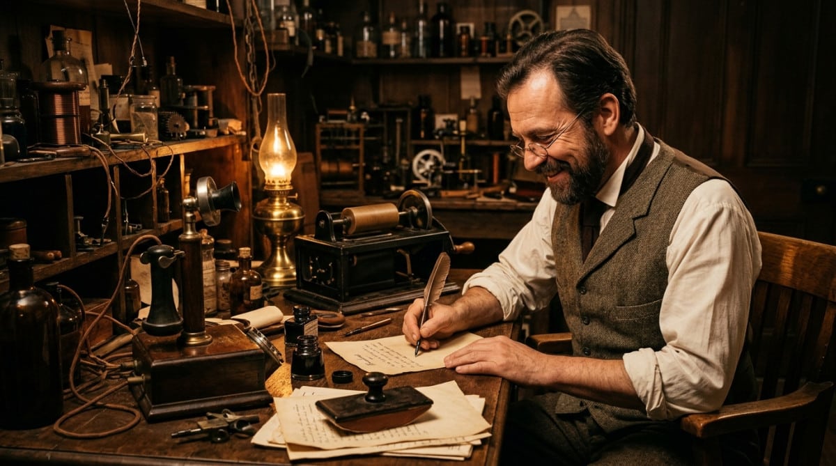 Edison écrivant une lettre dans son laboratoire en 1877