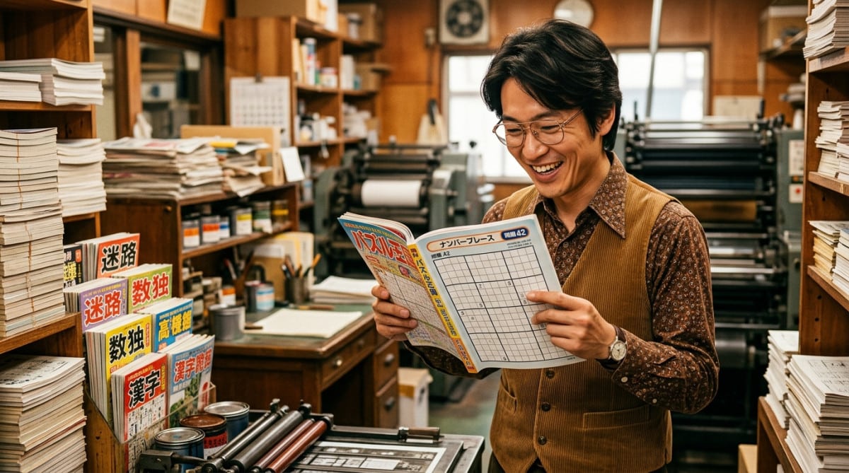 Éditeur japonais découvrant une grille de puzzle dans une imprimerie