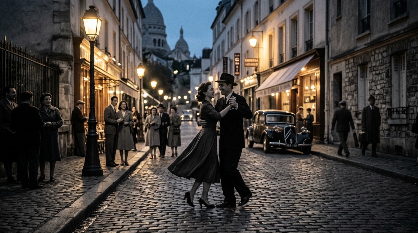 Couple dansant une valse dans une rue de Paris