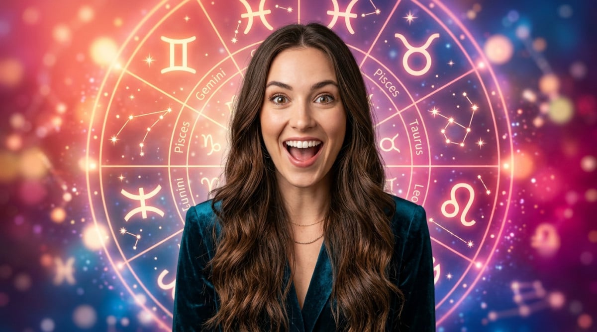 Editorial portrait photo of a young brunette woman with long hair, looking at camera with shocked an