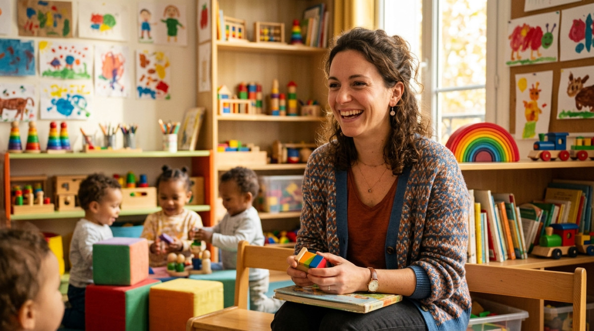 Éducatrice de jeunes enfants souriante dans une crèche