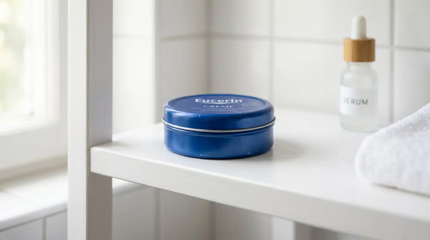 Pot de crème bleu rond et métallique posé sur une étagère de salle de bain, évoquant l'icône des soins Nivea