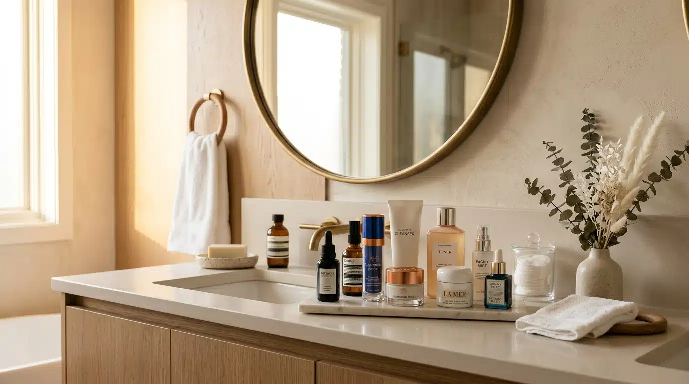 Coiffeuse de salle de bain avec miroir rond et flacons de soins, ambiance beauté et cosmétiques