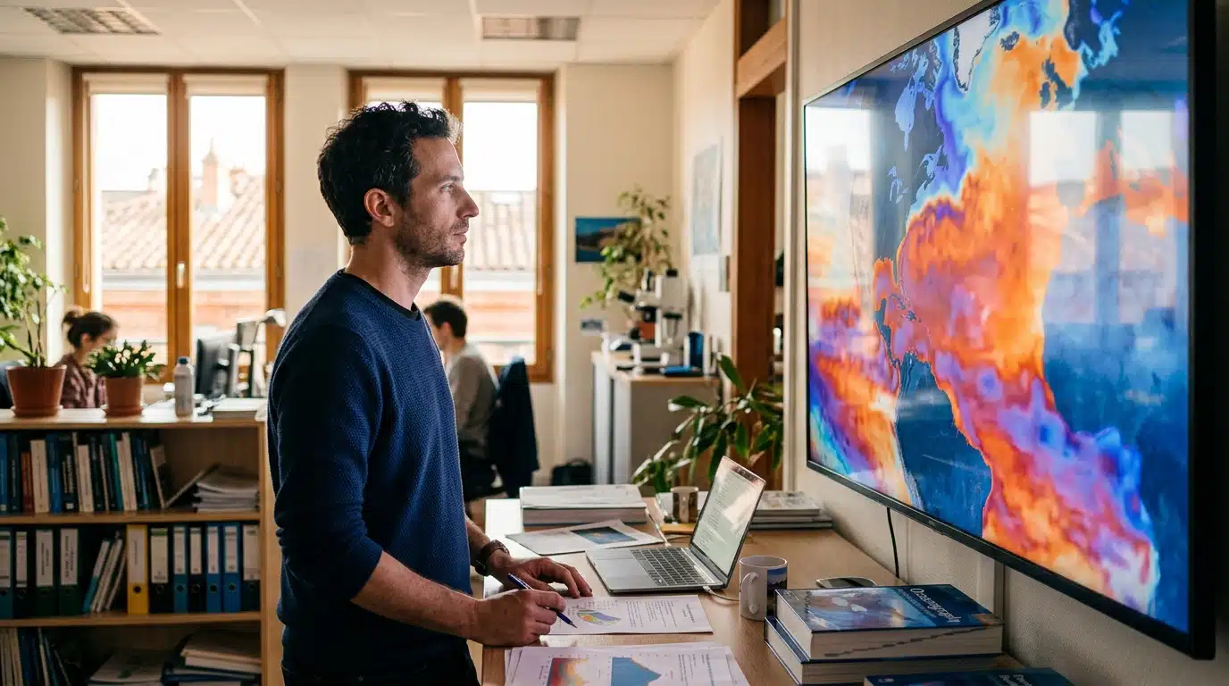 Océanographe observant une carte floue des températures océaniques sur écran