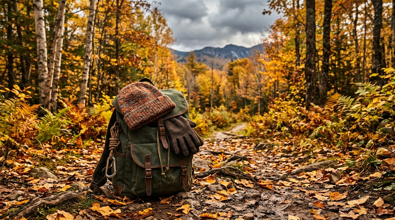 Sac de randonnée avec bonnet et gants sur sentier d'automne