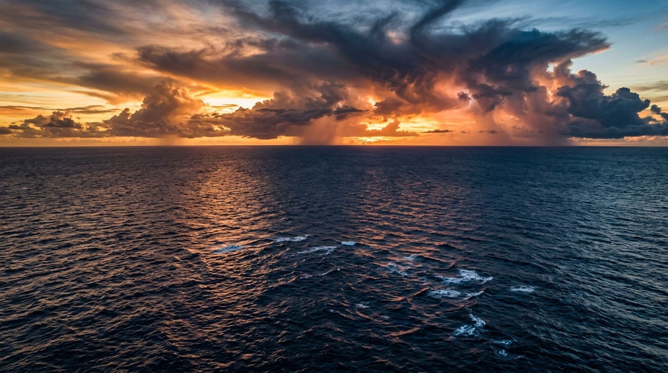 Vue aérienne du Pacifique sous un ciel d'orage doré