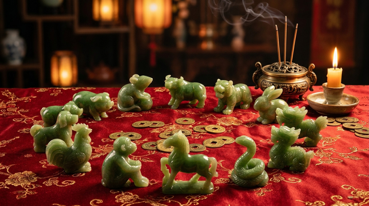 Elegant Chinese astrology scene with jade zodiac animals arranged in a circle on a red silk cloth, g