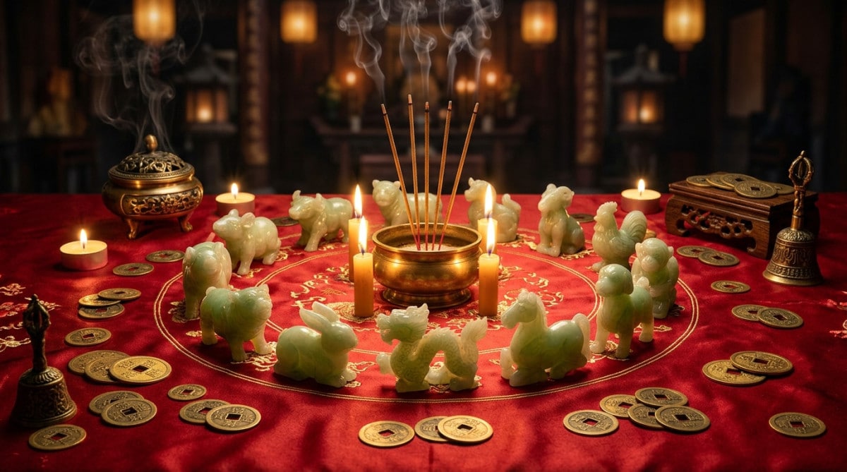 Elegant Chinese astrology scene with jade zodiac animals arranged in a circle on a red silk cloth, g