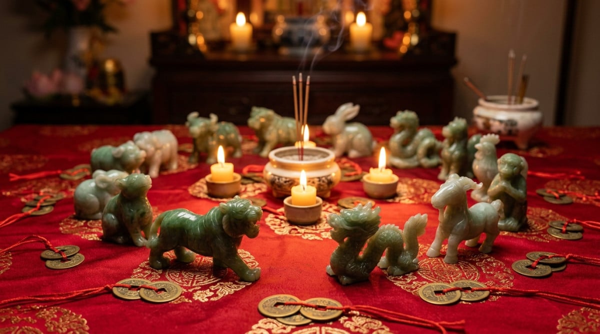 Elegant Chinese astrology scene with jade zodiac animals arranged in a circle on a red silk cloth, g