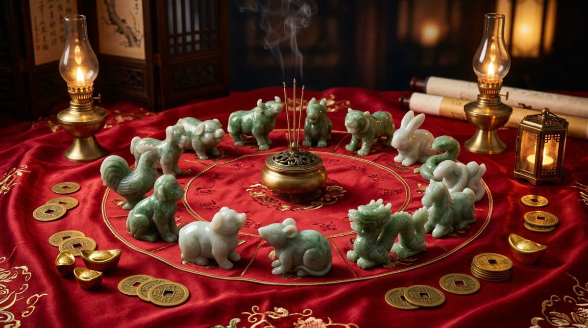 Elegant Chinese astrology scene with jade zodiac animals arranged in a circle on a red silk cloth, g