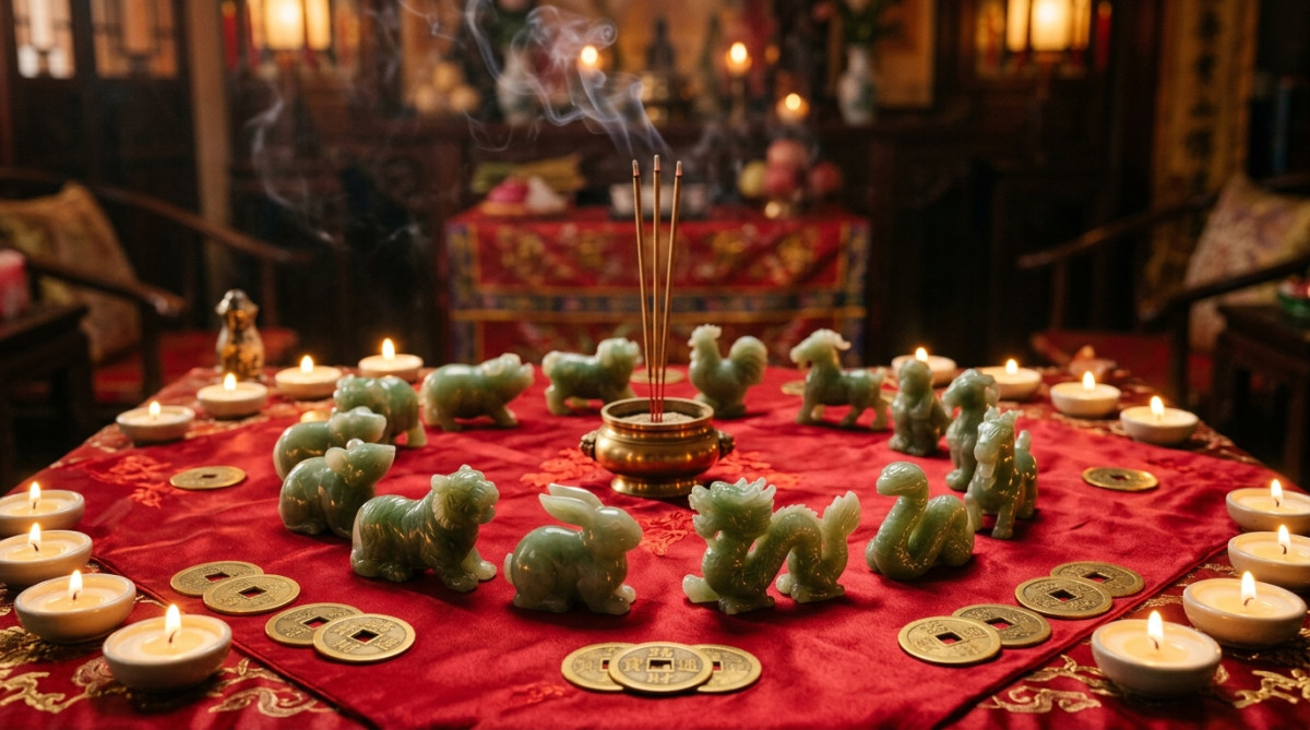 Elegant Chinese astrology scene with jade zodiac animals arranged in a circle on a red silk cloth, g
